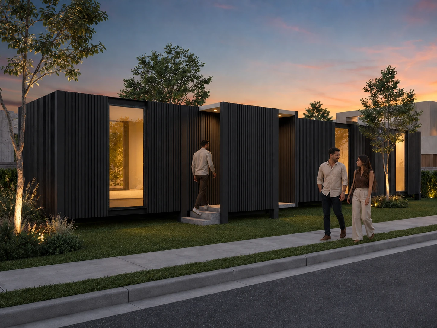 Fachada principal de vivienda prefabricada Buildbox de 87 m² al atardecer