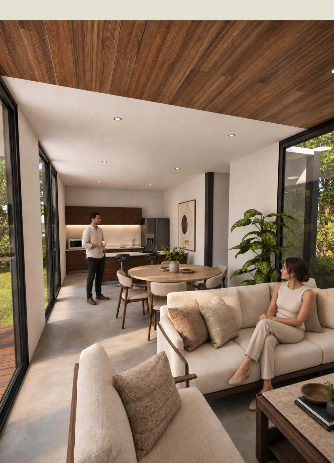 Interior de vivienda Buildbox con sala, cocina abierta y acabados cálidos